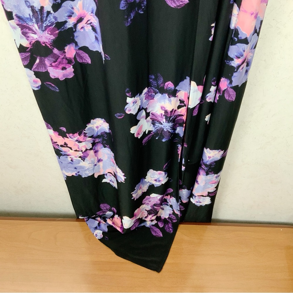 Jennifer Lopes Black Floral Long Sleeve Faux Wrap Maxi Dress M Leg Split Wedding - Picture 7 of 10